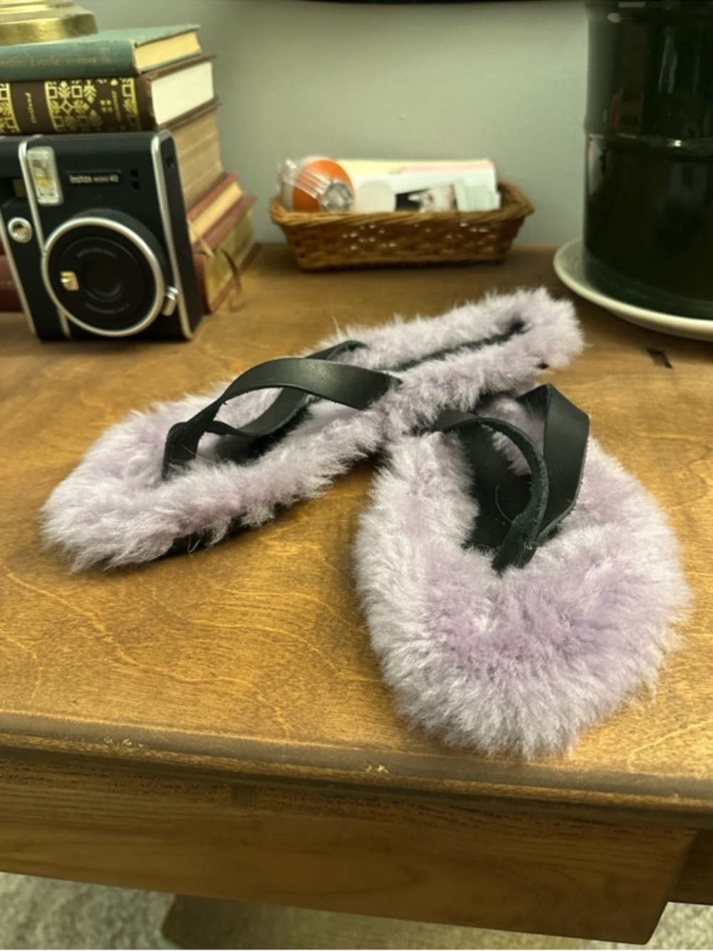 Tibi Shearling Fur Flip Flop Sandals with Black Leather Straps